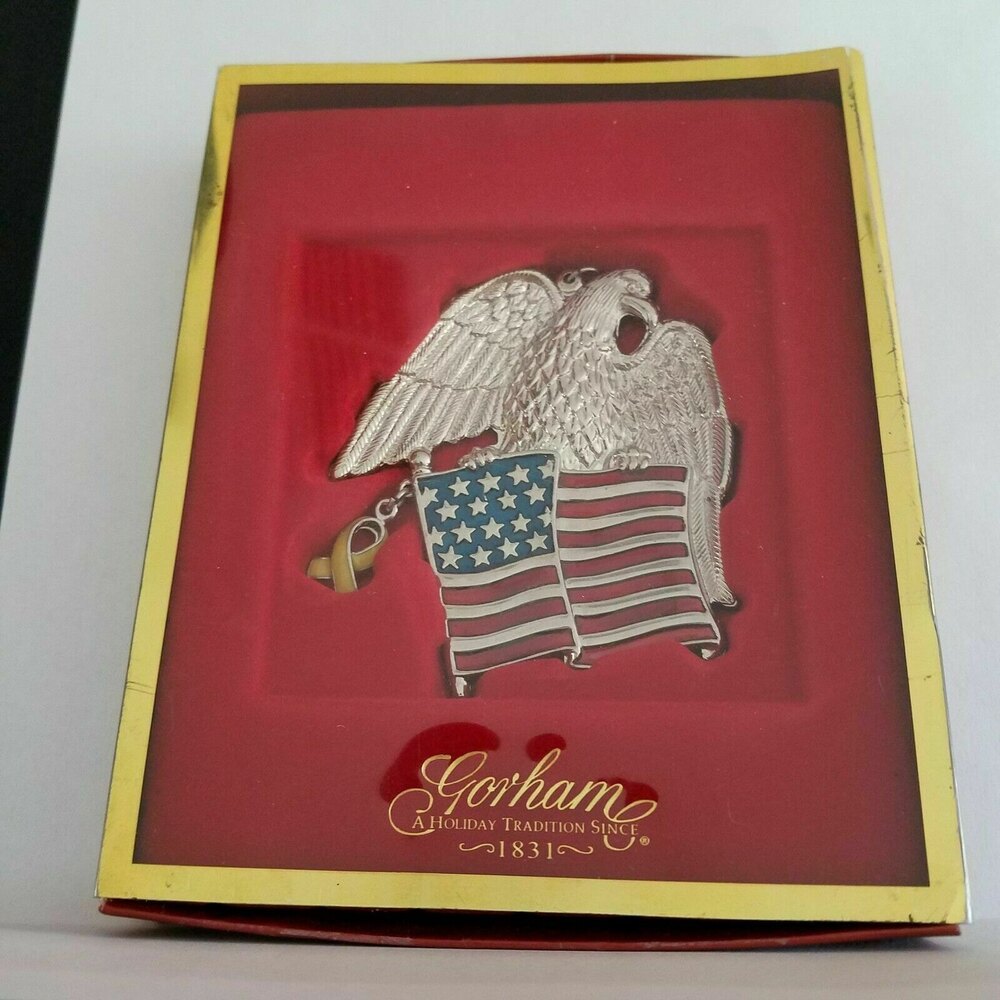 Gorham Silverplate  American Eagle Ornament Stars & Stripes Flag, Yellow Ribbon